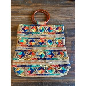 Vintage‎ Boho Handbag Embroidered Colorful Tapestry Purse Round Handle Chic